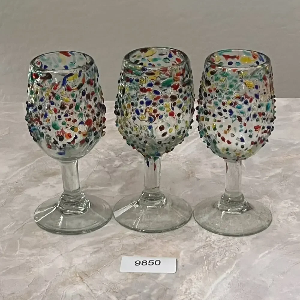 Hand Blown Ball Wine Glasses Colorful Textured Pebble Confetti Design Set of 3